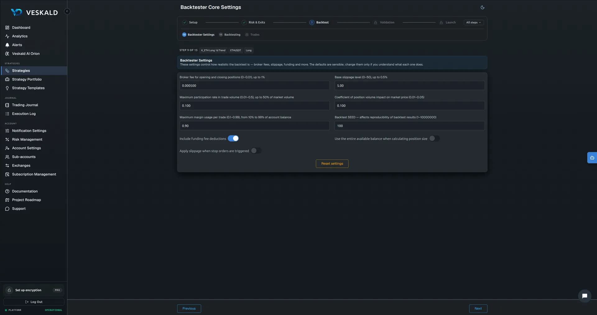 Veskald strategy backtester results with historical performance metrics and charts — view 1 of 15
