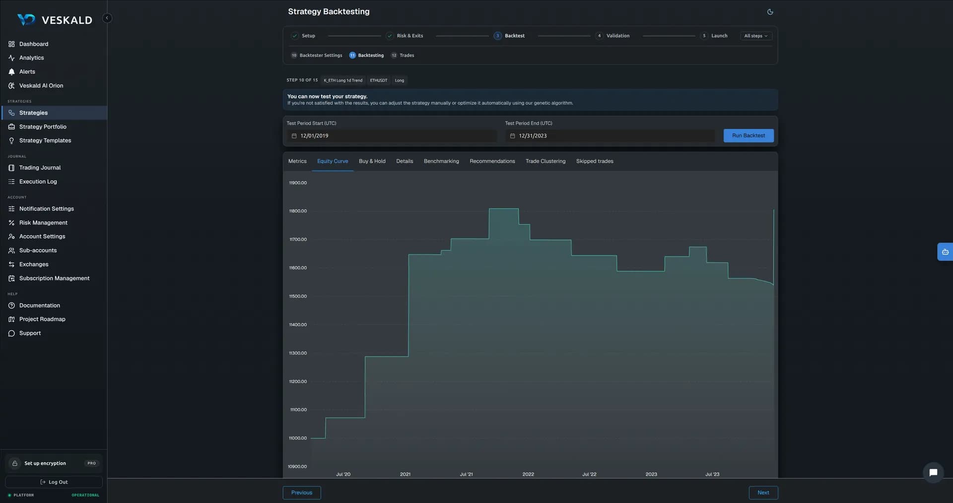 Veskald strategy backtester results with historical performance metrics and charts — view 3 of 15
