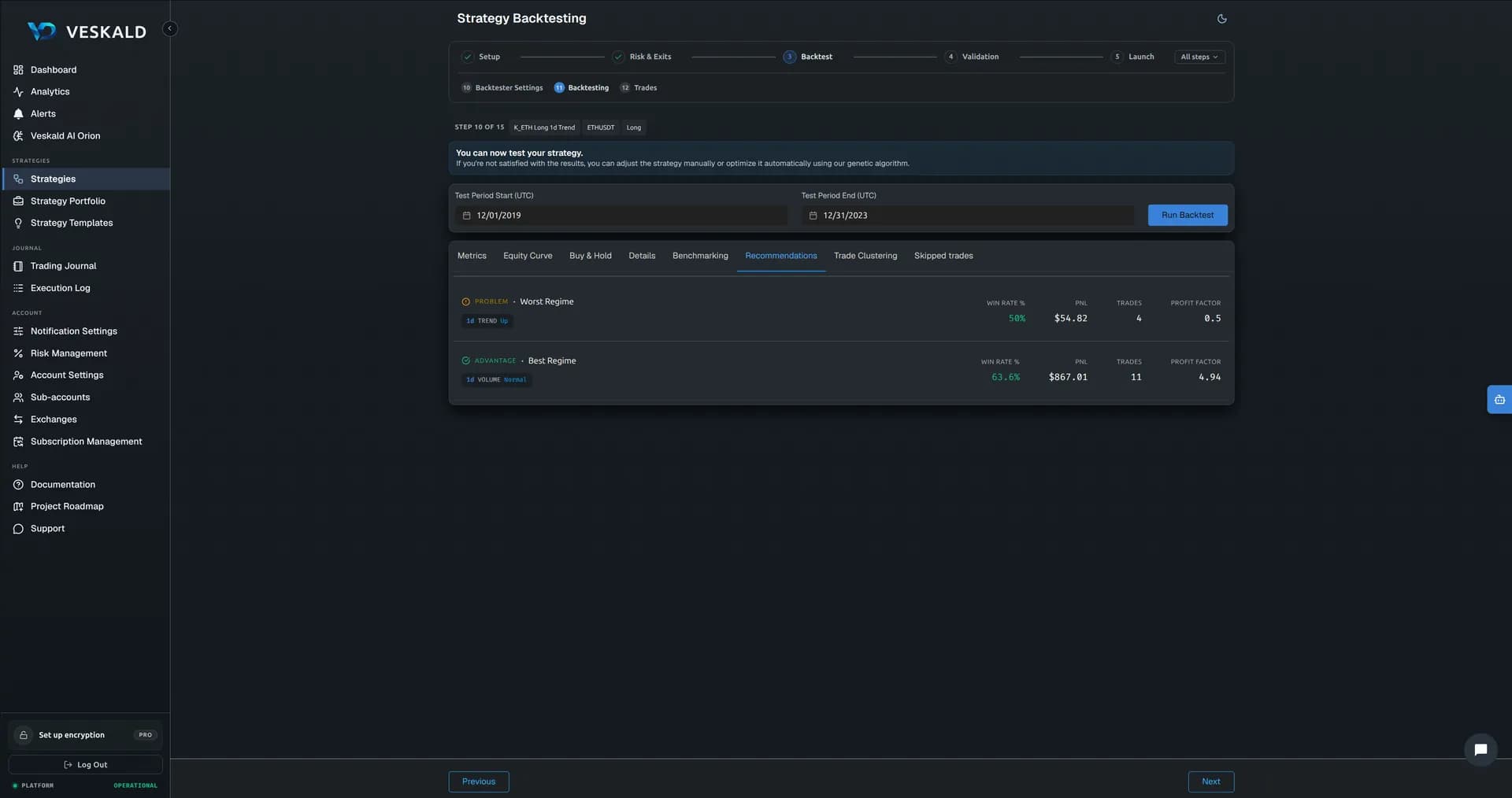 Veskald strategy backtester results with historical performance metrics and charts — view 7 of 15