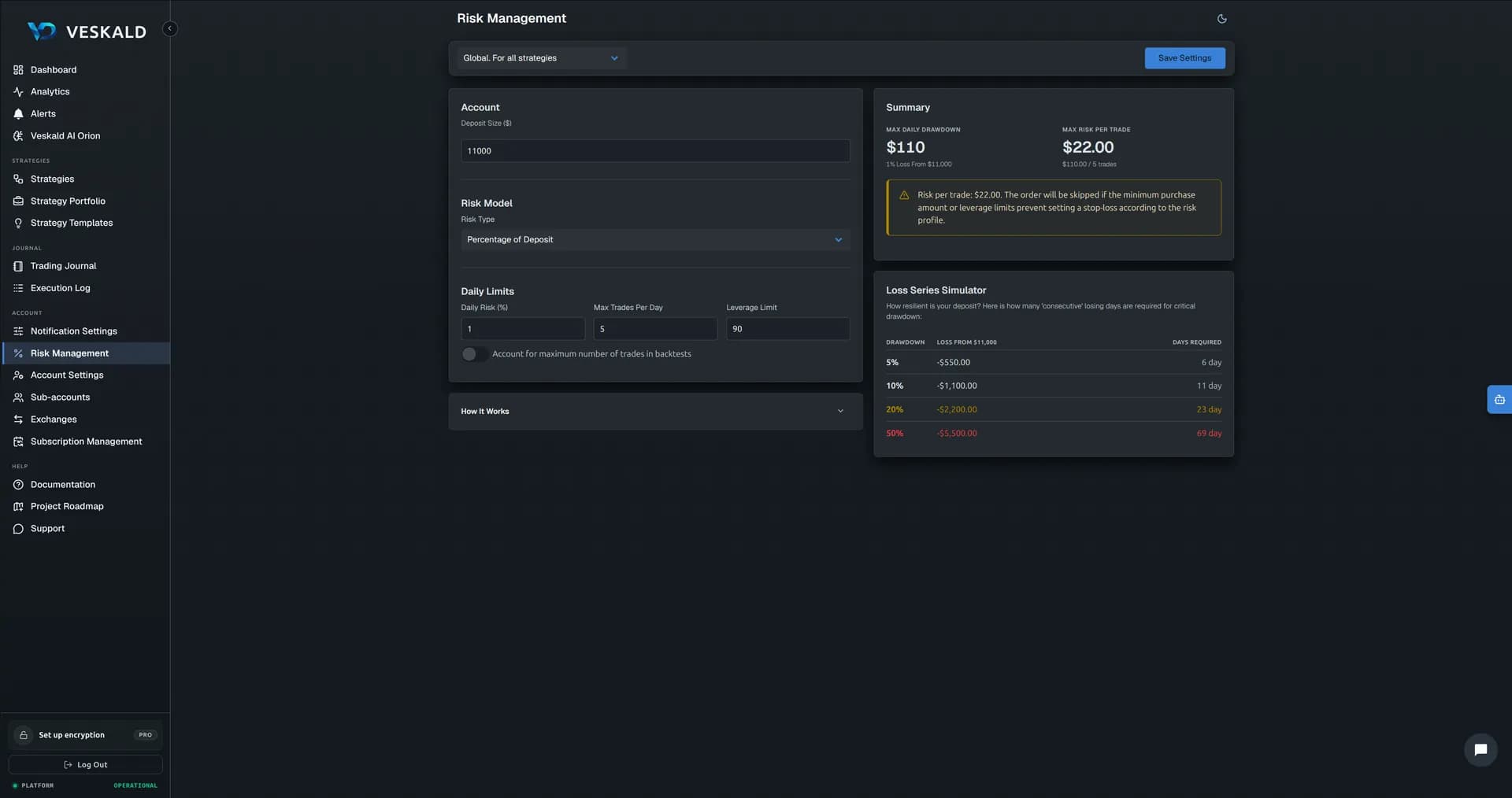Veskald platform — strategy builder, backtest, portfolio, journal, risk management — view 11 of 13
