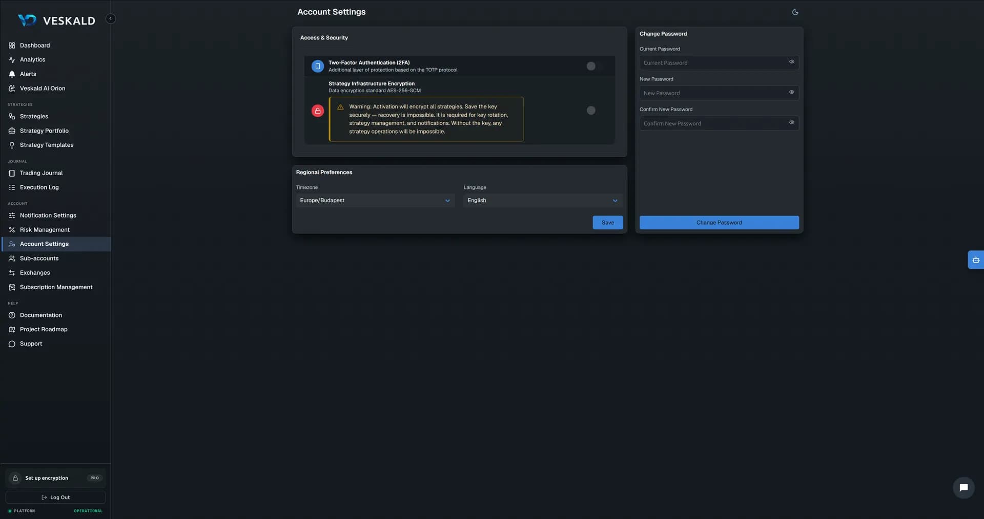 Veskald platform — strategy builder, backtest, portfolio, journal, risk management — view 12 of 13
