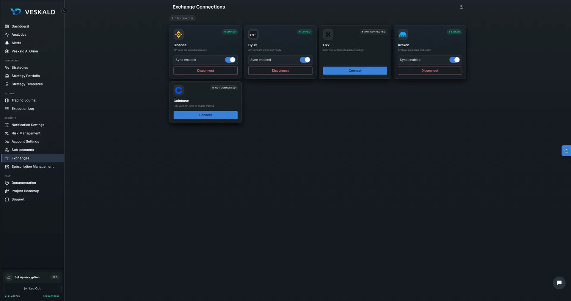 Veskald platform — strategy builder, backtest, portfolio, journal, risk management — view 13 of 13