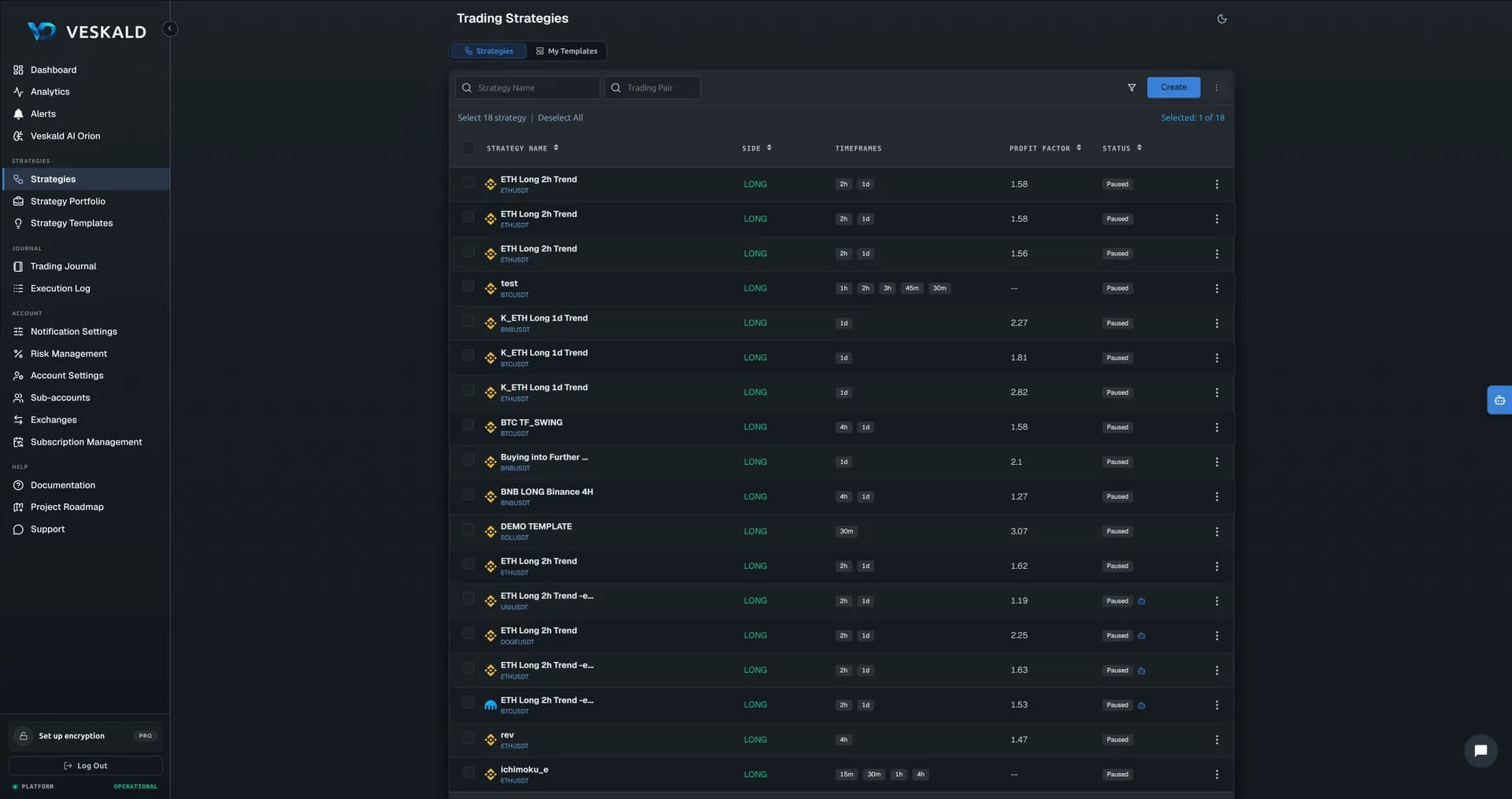 Veskald platform — strategy builder, backtest, portfolio, journal, risk management — view 3 of 13