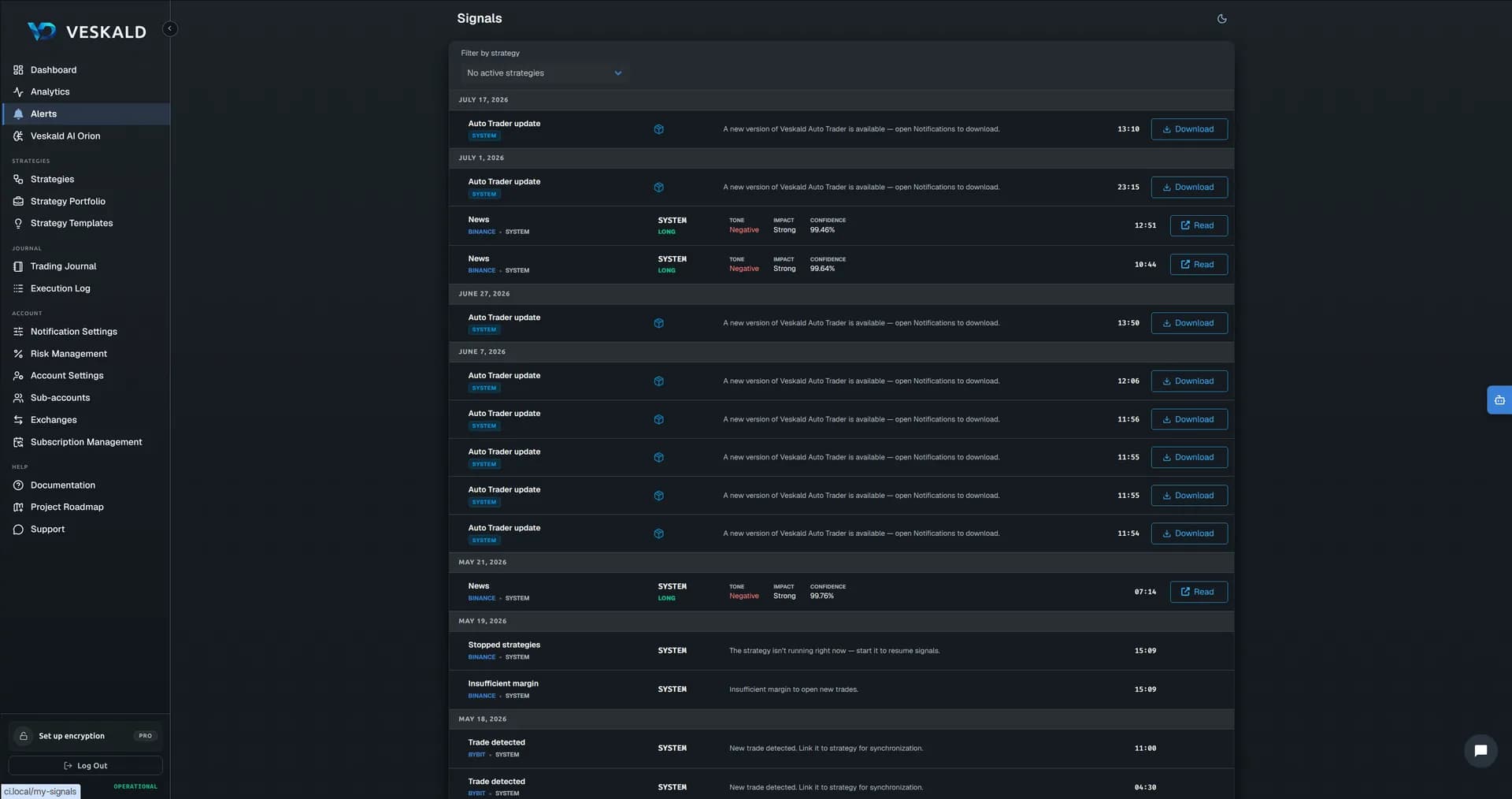 Veskald platform — strategy builder, backtest, portfolio, journal, risk management — view 4 of 13