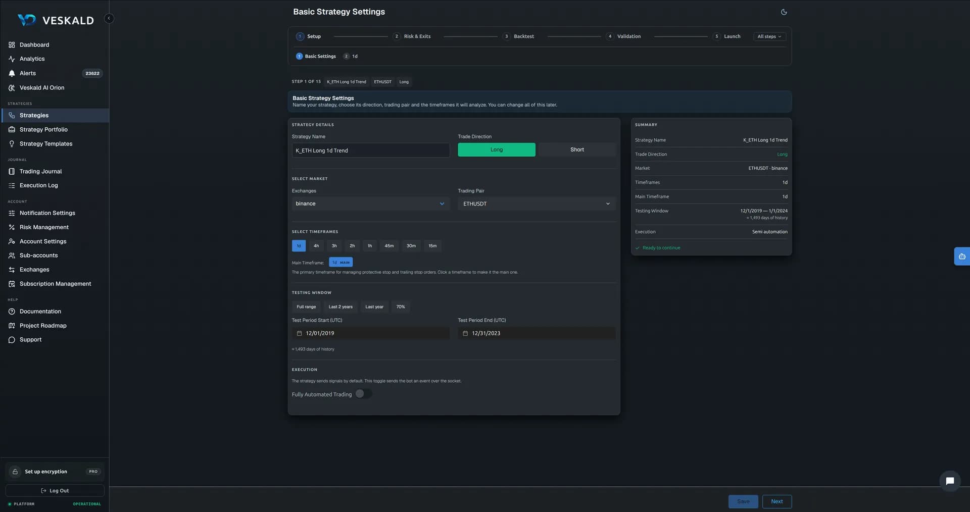 Veskald no-code strategy builder — 10-step wizard for crypto trading bots — view 1 of 17