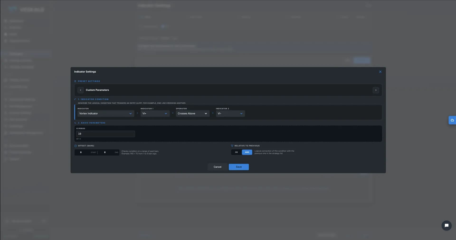 Veskald no-code strategy builder — 10-step wizard for crypto trading bots — view 11 of 17