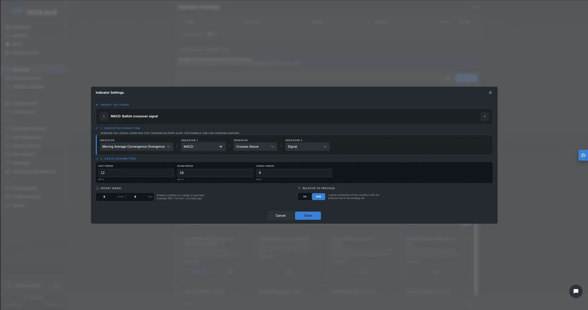 Veskald no-code strategy builder — 10-step wizard for crypto trading bots — view 12 of 17