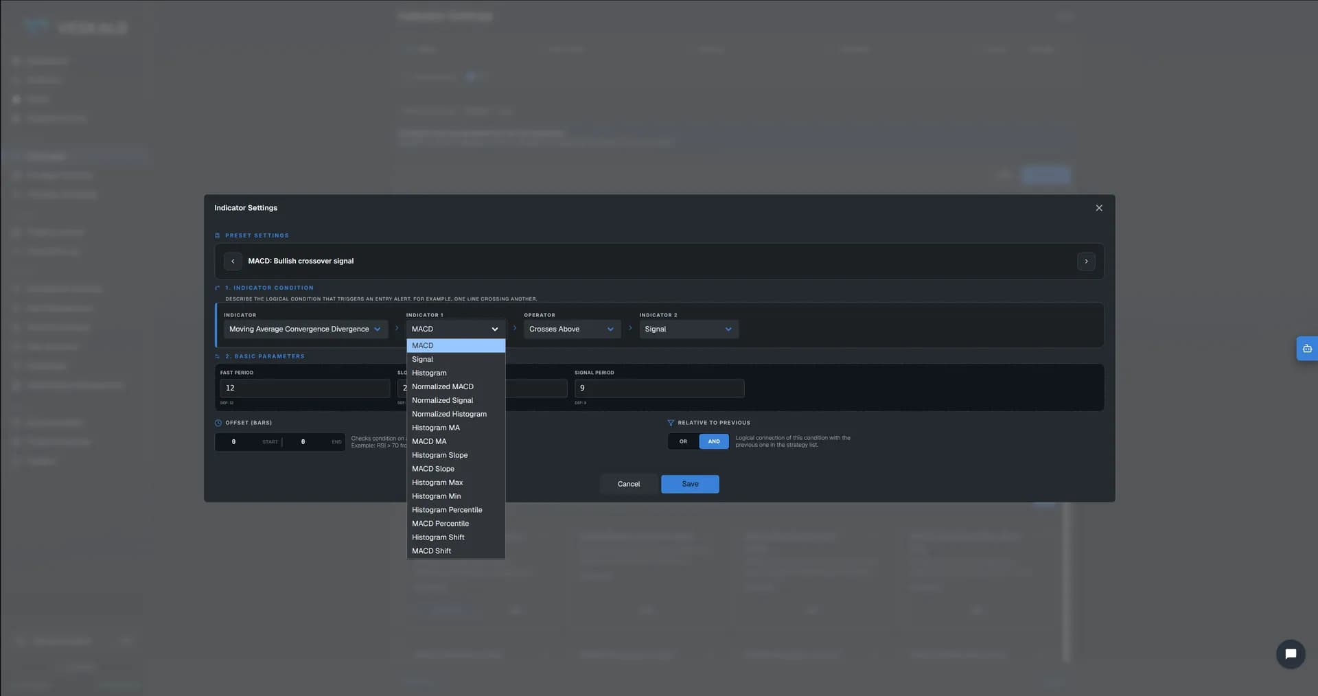 Veskald no-code strategy builder — 10-step wizard for crypto trading bots — view 13 of 17