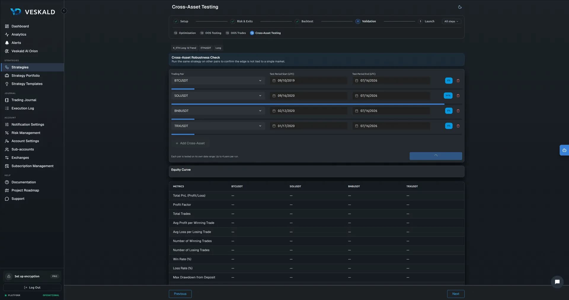 Veskald no-code strategy builder — 10-step wizard for crypto trading bots — view 14 of 17