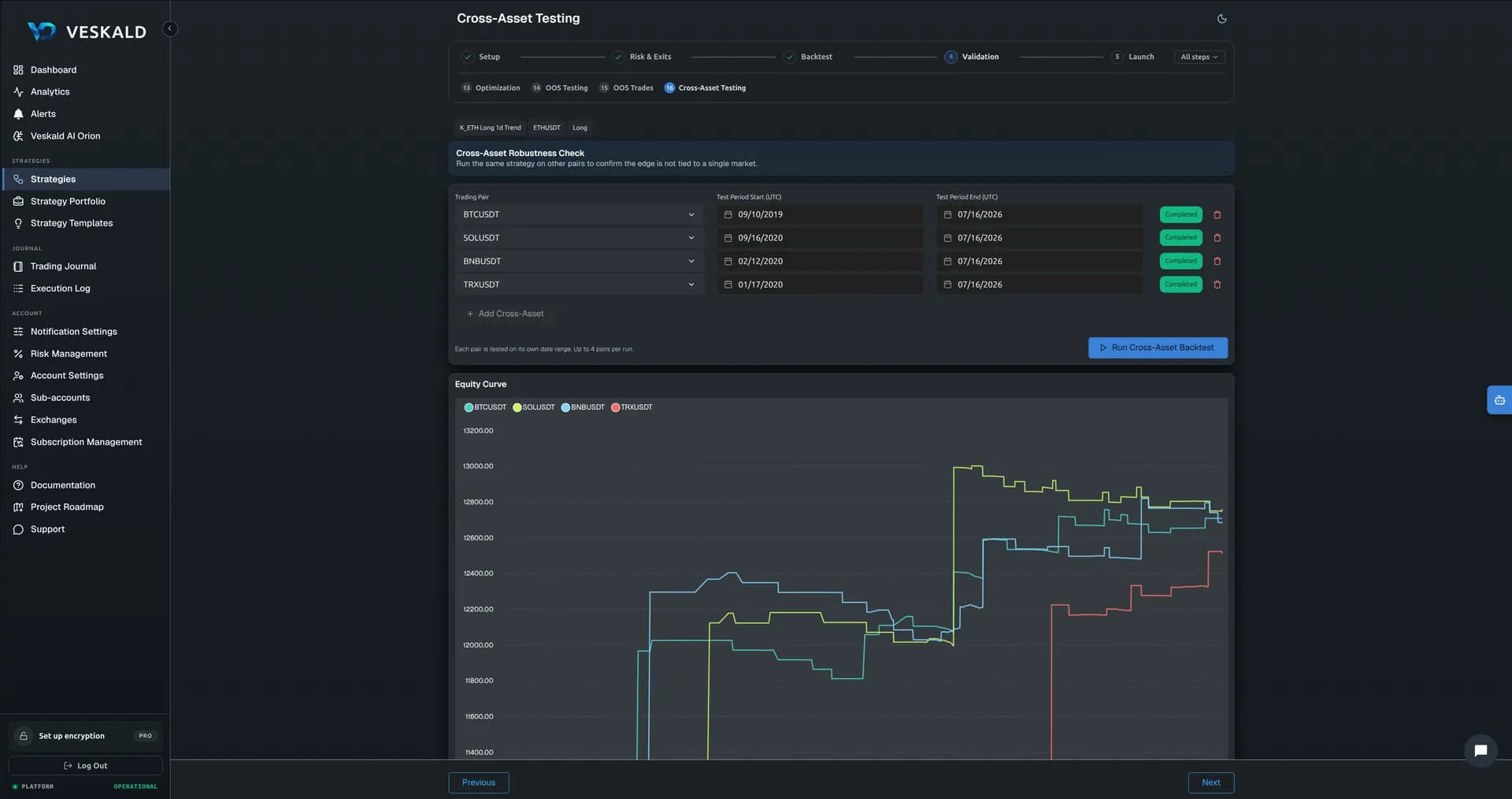 Veskald no-code strategy builder — 10-step wizard for crypto trading bots — view 15 of 17