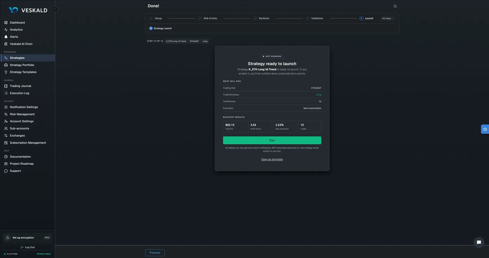 Veskald no-code strategy builder — 10-step wizard for crypto trading bots — view 17 of 17