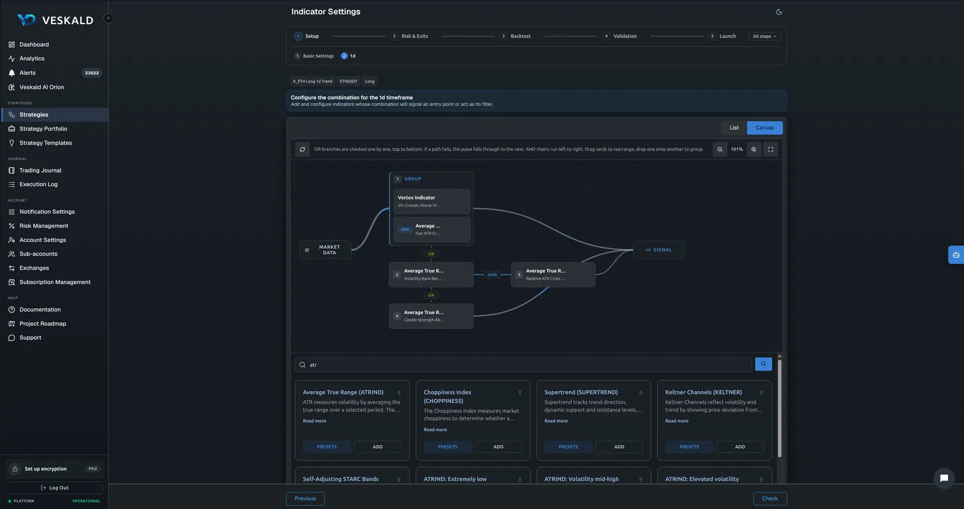 Veskald no-code strategy builder — 10-step wizard for crypto trading bots — view 3 of 17