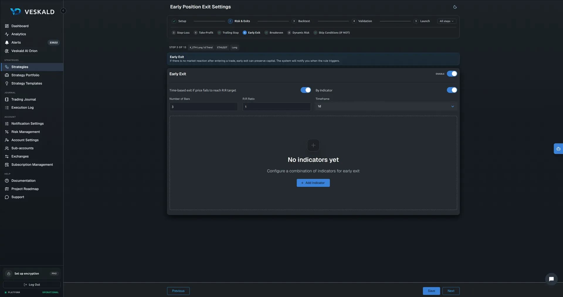 Veskald no-code strategy builder — 10-step wizard for crypto trading bots — view 7 of 17